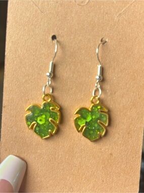 Gold-Trim Green Monstera Leaf Dangle Earrings